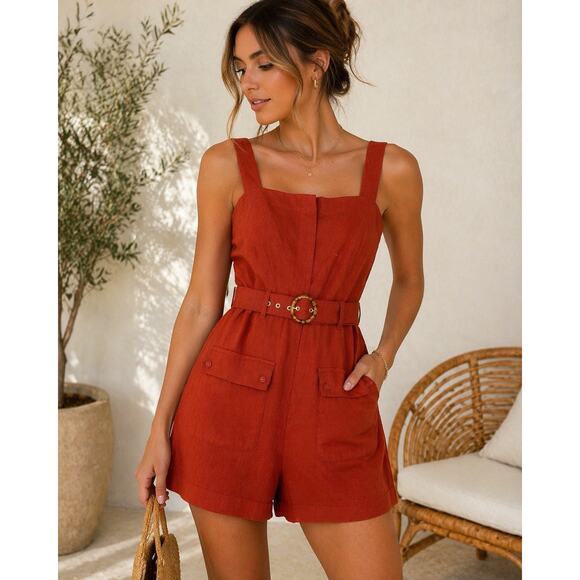 Belle Vere Pants - NWT Boho Coastal Linen Blend Belted Romper Rust Utility Safari Pockets Women 10